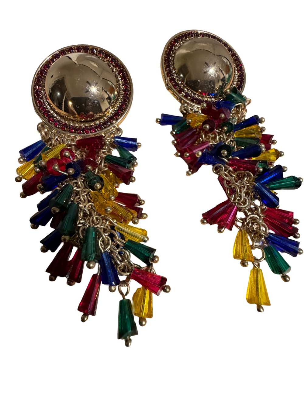 Vintage Multicolor Gold-Tone Beaded Fringe Earrings